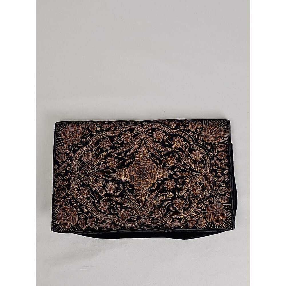 Vintage Black Velvet Gold Embroidered Clutch Purse Made in India Evening Bag 50s